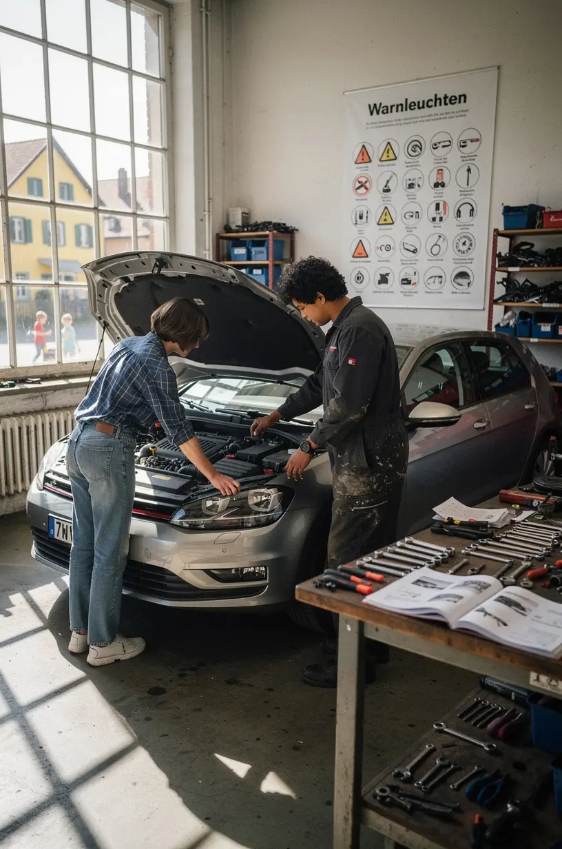 Nahaufnahme eines Armaturenbretts mit erklärten Warnleuchten und deren Bedeutung.